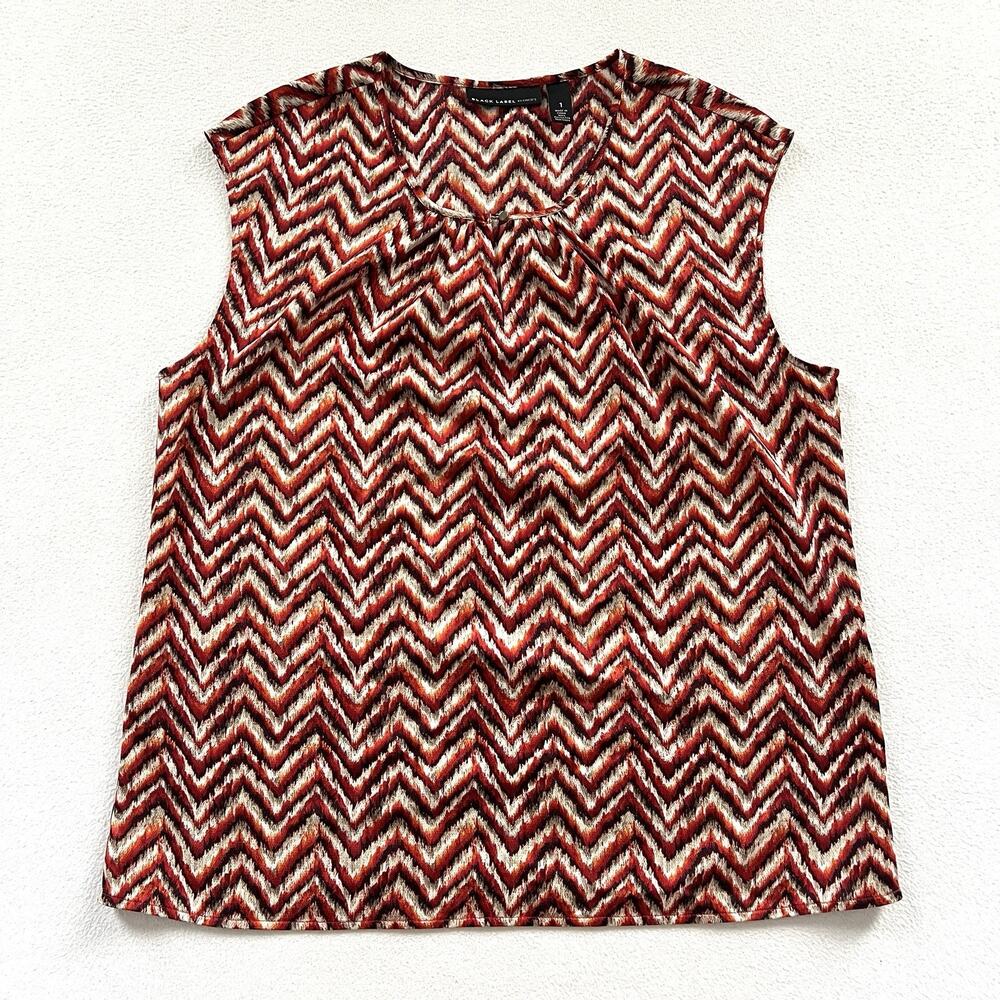 Chico’s Black Label Red Orange Black Zig Zag Print Keyhole Sleeveless Shirt 1 M